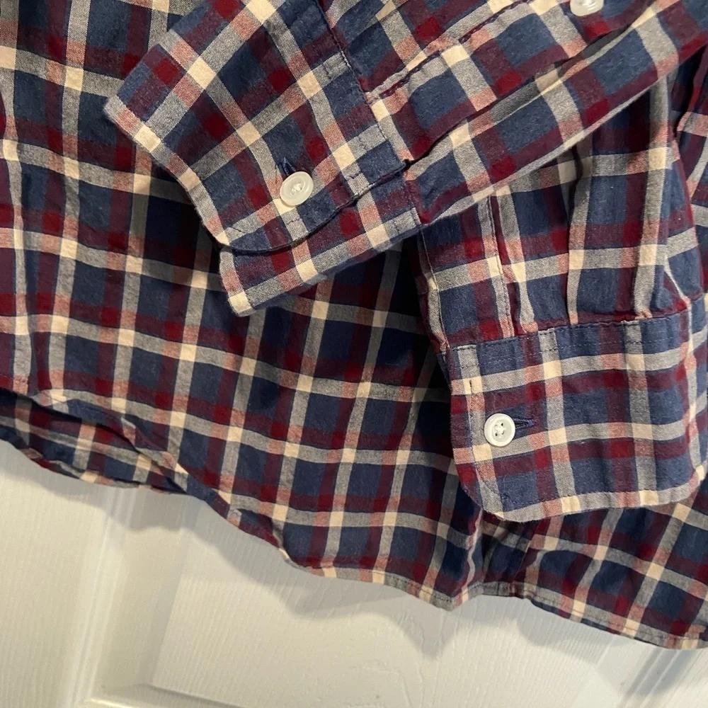 J. Crew Mens Size M Blue Burgundy Plaid Cotton Flex Slim Button Down Shirt